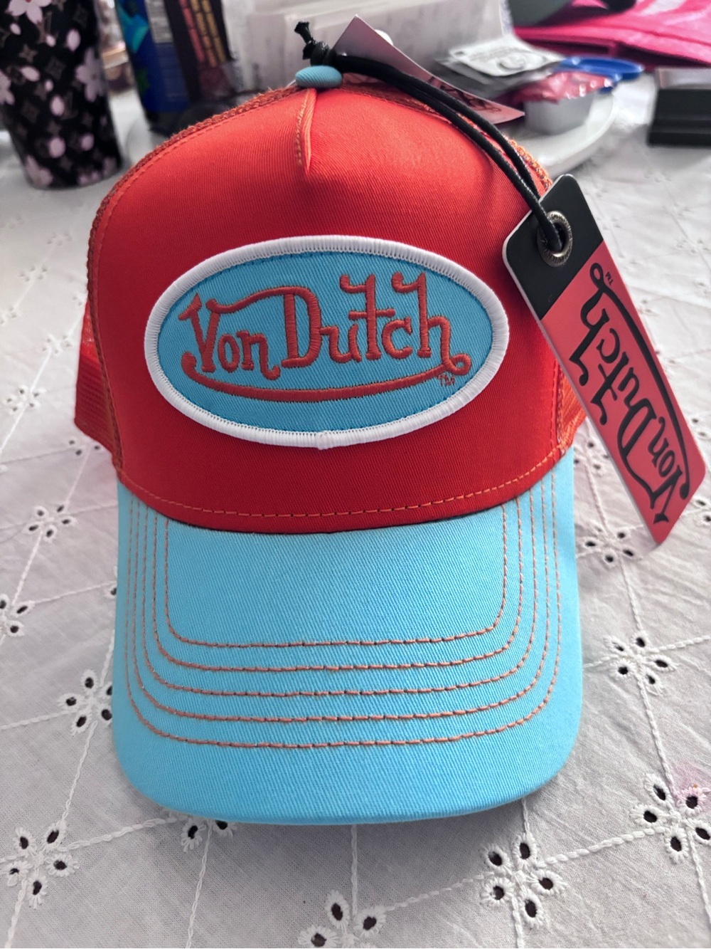 Von Dutch Red and Light Blue Kids Trucker Hat